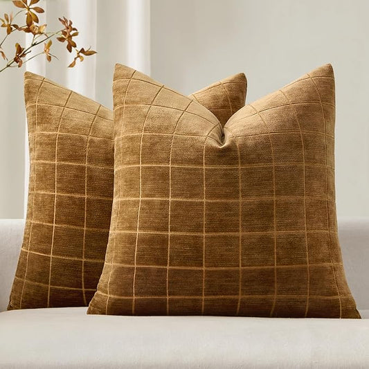 MIULEE Decorative Chenille Check Throw Pillow Covers Vintage Plaid Couch Pillows 20x20 Inch Set of 2 Neutral Boho Farmhouse Cushion Covers Modern Home Decor for Sofa Bed Living Room Brown Sugar