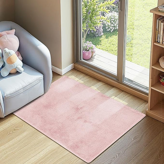 jinchan Solid Plush Area Rug 2x3 Performance Shaggy Washable Rug Indoor Entryway Doormat Soft Modern Faux Wool Cozy Non Slip Carpet for Living Room Kid Room Bedroom Nursery Pink