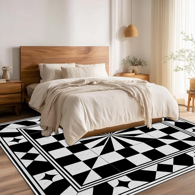 Black and White Checkered Rug, Checkered Rug 8x10, Modern Geometric Pattern Carpet, Retro Machine Washable Non Slip Area Rugs, Contemporary Rugs for Living Room/Bedroom 8x10