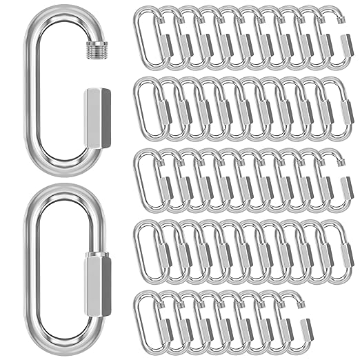 M6-50 Pack 2.3” Quick Links Chain Connectors, 1/4″ Galvanized Chain Locking Hooks, 620LBS Heavy Duty Thread Quick Link Clips, Twist Oval Keychain D Shape for Swing, Backpack, Key Ring