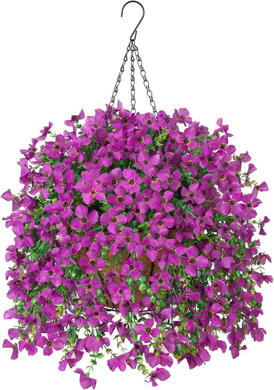 Artificial Hanging Flowers Plants with Basket for Outdoors, Realistic Faux Silk Daisy Flower Eucalyptus for Spring Decor, UV Resistant Fake Plants for Porch Patio Yard Balcony, Purple