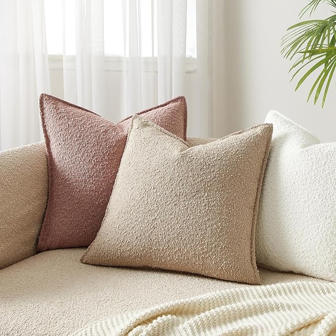 JUSPURBET 18x18 Pillow Covers Set of 2 Decorative Throw Pillow Covers Case for Couch Sofa Bed Soft Boucle Textured Cushion Covers with Hidden Zipper for Home Decor Living Room,Oatmeal