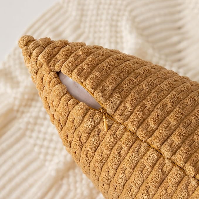 Kevin Textile Throw Pillow Covers Soft Corduroy Decorative Set of 2 Boho Striped Pillow Covers Pillowcases Farmhouse Home Decor for Couch Bed Sofa Living Room 26x26 Inch Gold