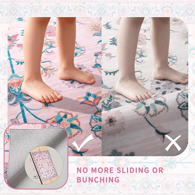 Tangsoo Pink Rug for Bedroom Girl Nursery 5x7, Washable Non Slip Cute Floral Rug for College, Soft Low Pile Carpet for Living Room Teen Coquette Room Loveshackfancy Decor Alfombra Kids Baby Playroom