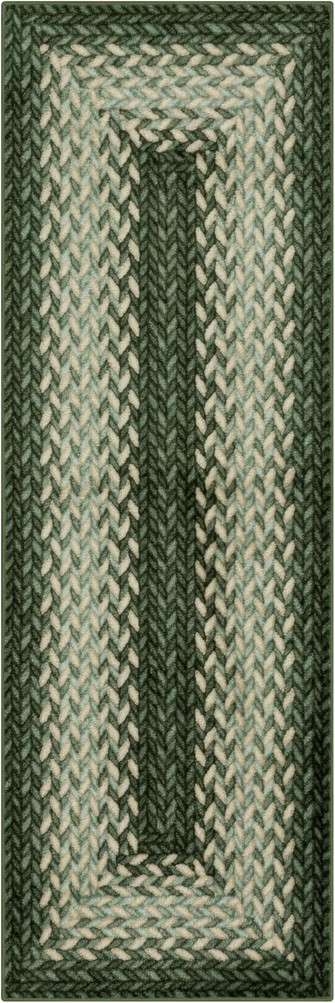 Maples Rugs Marion Bohemian Braided Design Print Runner Rug – Made in USA – Washable, Non Slip Indoor Long Carpet for Hallway, Kitchen, and Laundry Room, 2' x 8', Green