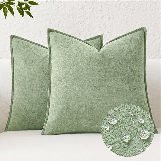 Kevin Textile Spring Waterproof Decorative Pillow Covers Sage Green 18x18 Inch Pack of 2 Soft Boucle Textured Throw Pillowcases Elegant Accent Pillows for Couch Sofa Chair Bed Home Decor