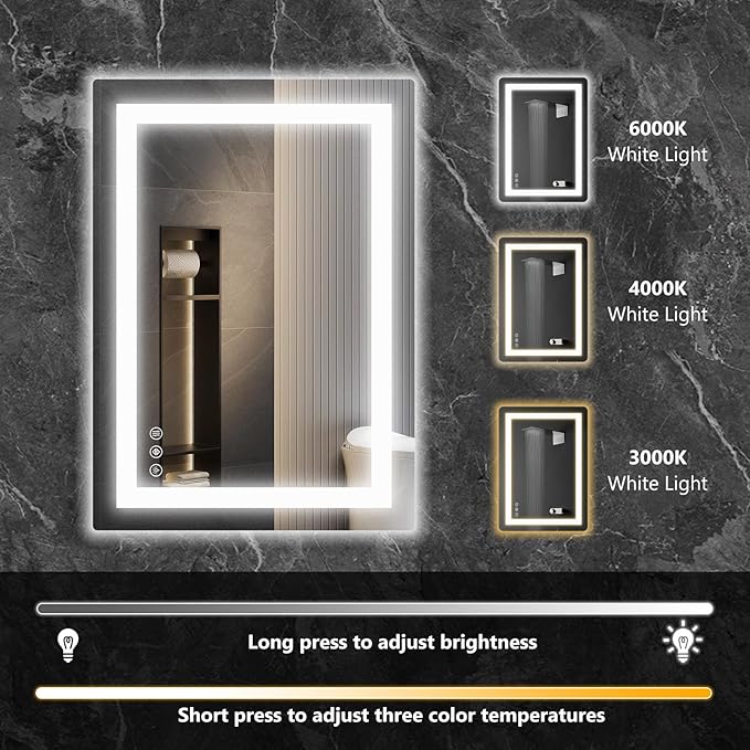 Sweetcrispy 28"x 36" Rectangle LED Bathroom Mirror with Front Light and Backlit, Smart Memory Functionr - Enhanced Anti-Fog Feature, Pure White