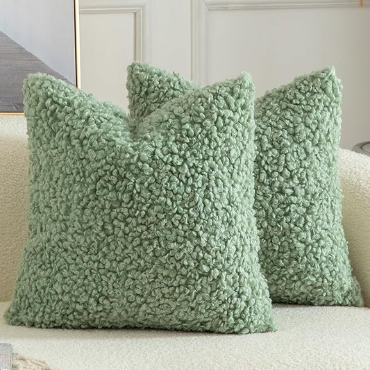 Yaertun Pack of 2 Faux Fur Throw Pillow Covers Decorative Sherpa Boucle Pillow Covers Fuzzy Soft Pillowcases Sheepskin Fleece Cushion Case for Couch Sofa Bed Living Room 22x22 Inch Sage Green
