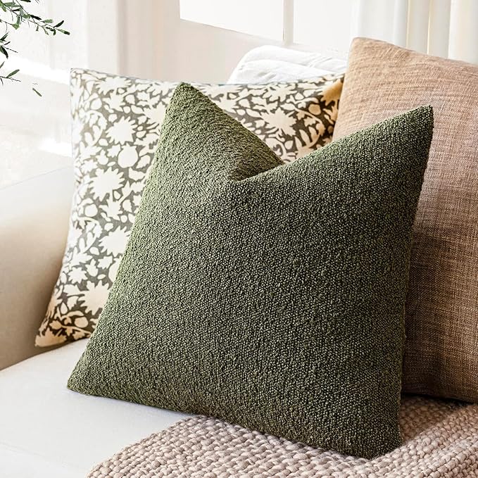 Foindtower Decorative Textured Boucle Throw Pillow Covers Accent Solid Pillow Cases Neutral Soft Cozy Couch Cushion Case for Chair Sofa Bedroom Living Room Home Decor 20x20 Inch,1PC,Moss Green