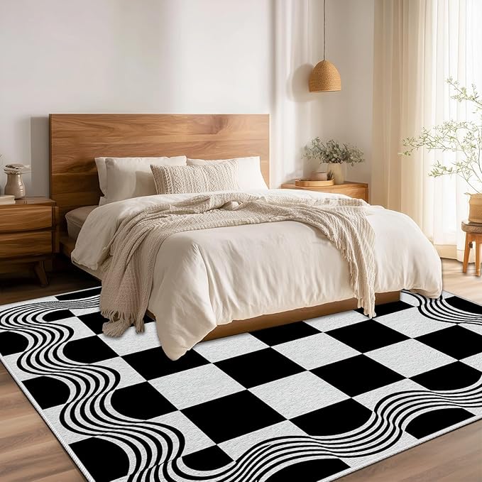 Checkered Area Rug, Checkerboard Rug 5x8, Geometric Plaid Washable Rugs, Modern Checkered Area Rugs, Wavy Line Carpet Non Slip for Bedroom Retro Home Decor Mat