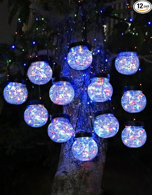 PARTPHONER Solar Lights Outdoor Waterproof 12-Pack, Solar Powered Hanging Lantern Cracked Glass Hanging Globes for Yard Decor Christmas Decoration, Shepherd Hook, Garden Tree Ornaments, RGB
