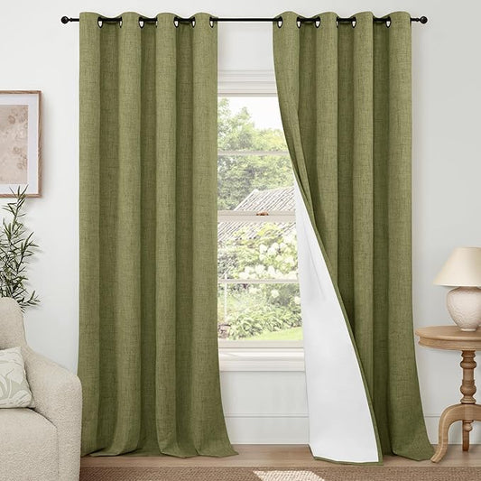 Lajode Linen Blackout Curtains 90 Inch Long, Olive Green Extra Long Curtains for Bedroom Living Room Modern Farmhouse, Thermal Light Blocking Faux Linen Energy Save Drapes Each 52x90 Inch 2 Panels