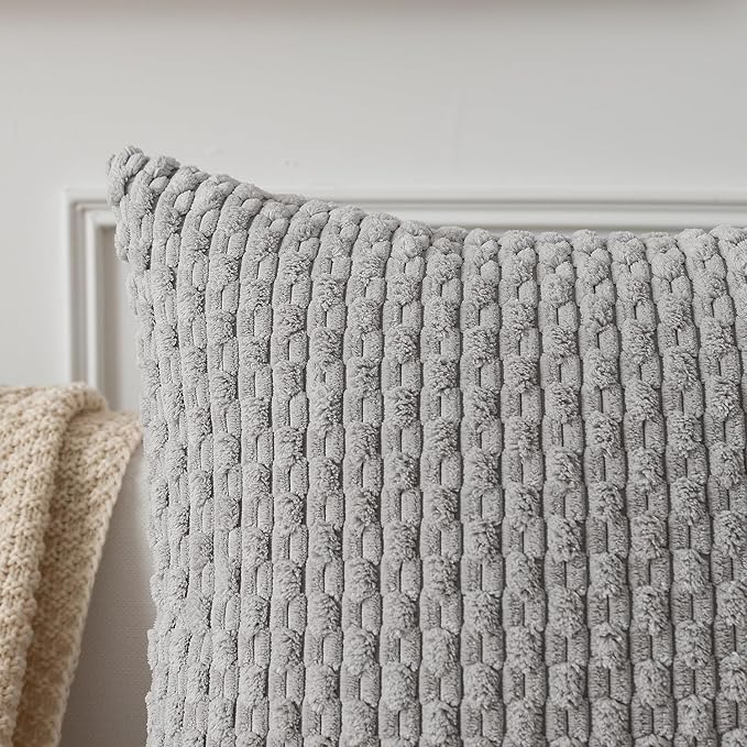 Kevin Textile Decor Solid Decorative Pillow Case Striped Jacquard Cushion Cover for Lumbar Light Grey 12x20 Inch (30x50cm) 2 Pieces