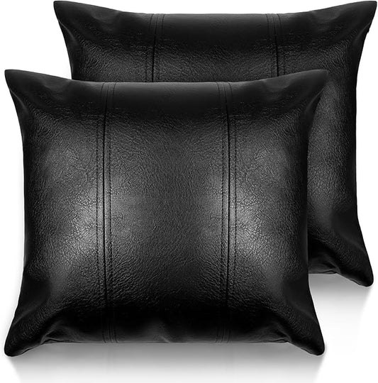 Faux Leather Throw Pillow Covers 20X20 Inch Set of 2 Black Outdoor Modern Farmhouse Solid Decorative Pillow Covers for Room Couch Living Bedroom Bed Sofa