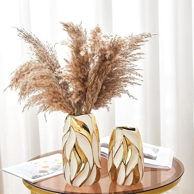 Cream White Ceramic Vase for Flowers, Gold Flower Vase Modern Home Decor, Small Ceramic Vase for Pampas Grass Decorative Vase, for Farmhouse Coffee Table Bookshelf (Large)