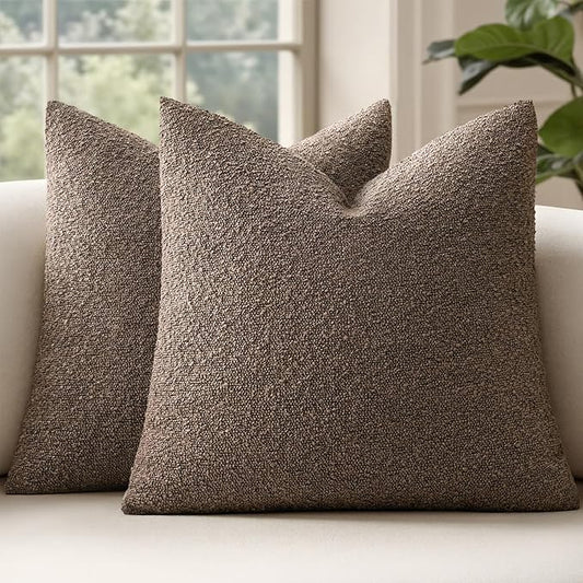 MIULEE 22x22 Decorative Euro Sham Throw Pillows for Bed Set of 2 Textured Boucle Neutral Winter Throw Pillow Covers Dark Brown Accent Solid Vintage Pillowcases Couch Sofa Livingroom Home Decor