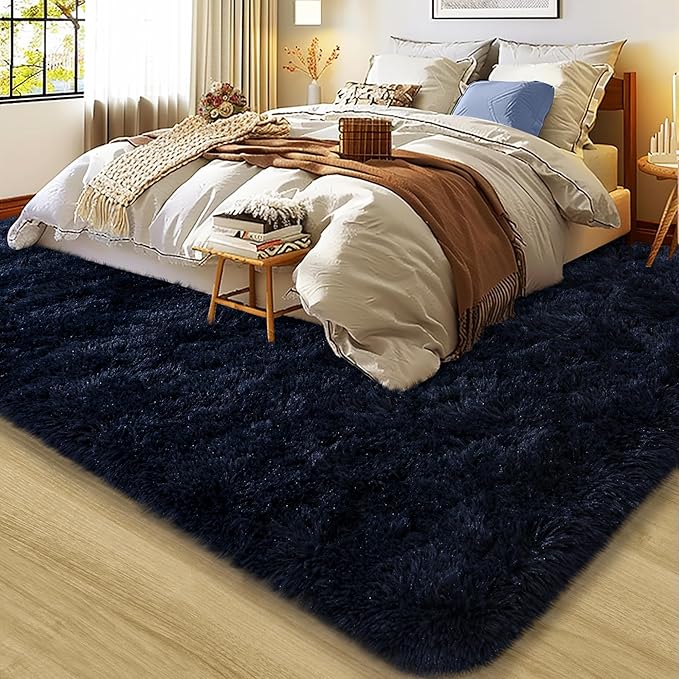 Ultra Fluffy Area Rugs for Living Room Bedroom, 6x9 Fuzzy Large Living Room Rugs, Thick Shag Rug for Dorm, Soft Non Slip Kids Girls Boys Rug for Home Decor Aesthetic, Dark Blue