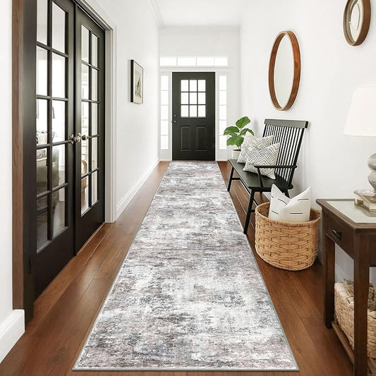 Modern Abstract 3x18 Runner Rug, Beige Grey Neutral Washable Long Kitchen Runner Non-Slip Soft Hallway Rug Runner Thin Print Faux Wool Floor Carpet for Hall Stair Entryway