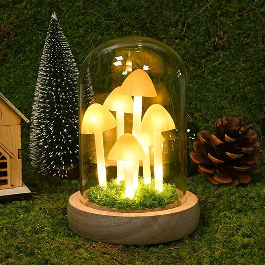 QUELIEN Christmas Mushroom Lamp in Glass Dome,Mushroom Gifts for Women - Warm White LED Night Light for Bedroom Decor,Unique Gifts for Women, Housewarming Birthday Decorations