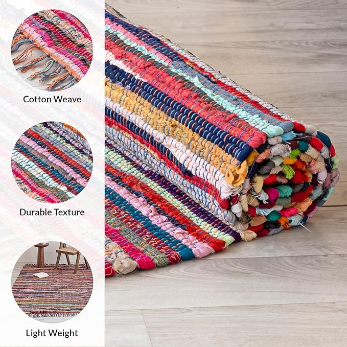 HOMEMONDE Chindi Runner Rug with Tassels 2'x6' Multicolor Recycled Cotton Hand Woven Reversible Boho Rugs for Kitchen, Bedroom, Living Room, Entryway