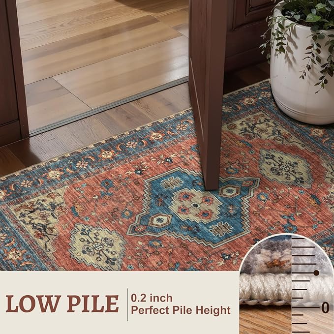 Tangsoo 2.6x10 Washable Runner Rug for Hallways, Non Slip Vintage Runner Rug, Soft Low Pile Long Rug Runner, Print Distressed Carpet Runners for Kitchen Bedroom Entryway Living Room Terracotta