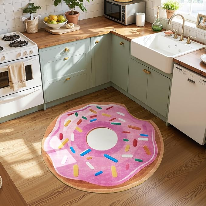 JINCHAN Cute Round Rug 4ft Strawberry Donut Fun Rug Washable Playroom Mat Sweet Dessert Circle Cool Rug Non Slip 4' Round Soft Cozy Pink Floor Mat Funky Gift for Girls Kids Teens Dorm Bedroom Playroom