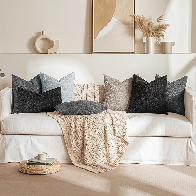 MIULEE 24x24 Decorative Euro Sham Throw Pillows for Bed Set of 2 Textured Boucle Neutral Winter Throw Pillow Covers Halloween Black Accent Solid Couch Pillowcases Sofa Livingroom Home Decor