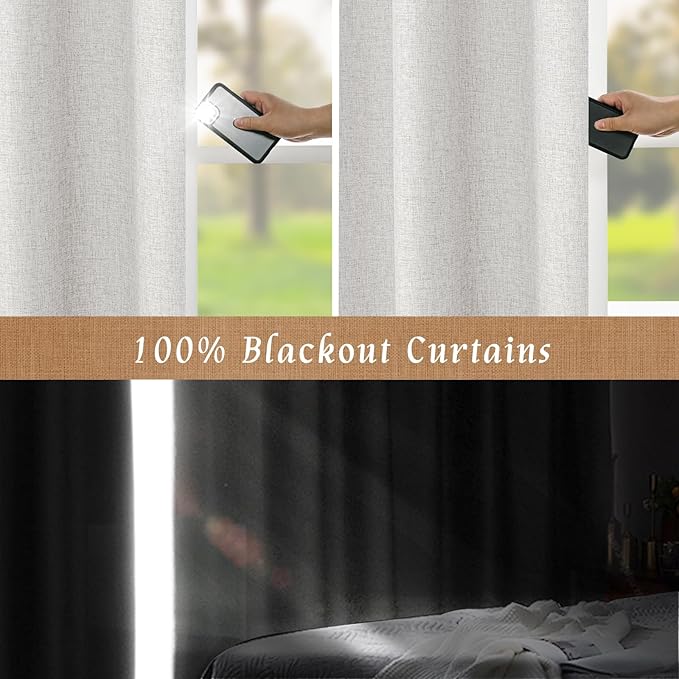 LAMIT Light Grey Linen Full Blackout Window Curtains for Bedroom, 54 Inches Thermal Farmhouse Curtains Back Tab and Rod Pocket Privacy Protected Burlap Panels with White Liner, 2 Panels, 52 x 54 Inch