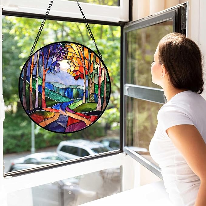 DASTOLL Stained Glass Window Hanging, Colorful Forest Landscape Tree Suncatcher for Doors Window Home Abstract Sun Catchers Decoration Mother's Day Birthday Gifts for Women, Men, and Mom 15 in