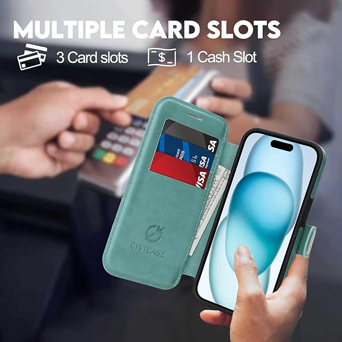 CIVICASE for iPhone 15 Pro Max Wallet Case with Stand,PU Leather Flip Credit Card Holder Slots (RFID Blocking),Compatible with Magsafe Magnetic Holder Phone Cover Women Men,Green