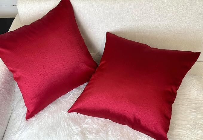Aiking Home 18x18 Inches Faux Silk Square Throw Pillow Cover, Zipper Closure, Red (Set of 2)