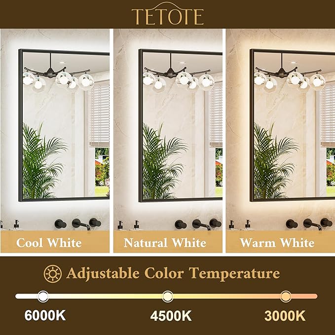 TETOTE 40 x 24 Backlit Mirror Brushed Black Metal Frame LED Light Vanity 3-Color White/Warm/Natural Stepless Dimmable Anti-Fog Backlight Mirror Wall-Mounted