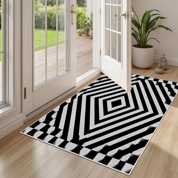 Black and White Rug 6x8, Checkered Soft Thin Indoor Floor Mats Carpet, Non-Slip Stain Resistant Washable Rugs, Modern Rhombus Geometric Rugs for Living Room, Farmhouse Rug
