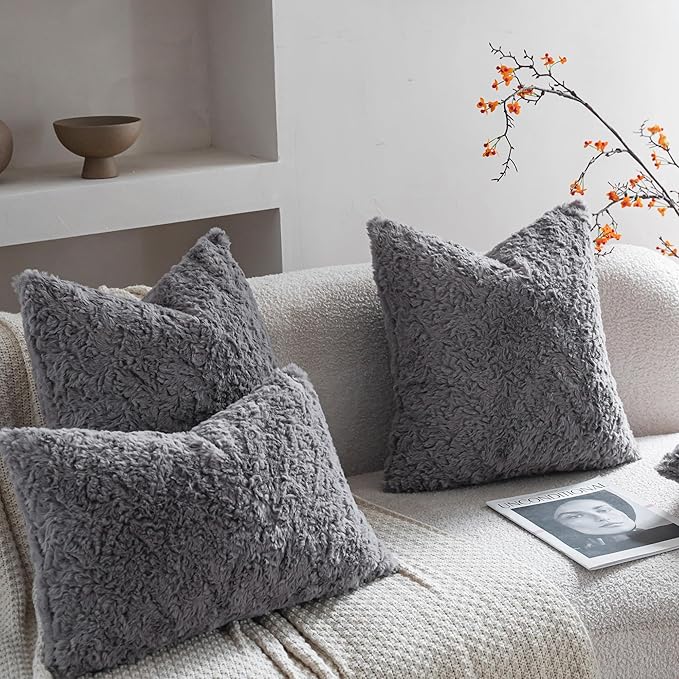 Neelvin Set of 2 Faux Fur Throw Pillow Covers 12x20 Inch Darkgrey Cozy Soft Solid Decorative Pillowcases Thick Plush Sheepskin Cushion Case for Chair and Couch Sofa Bedroom