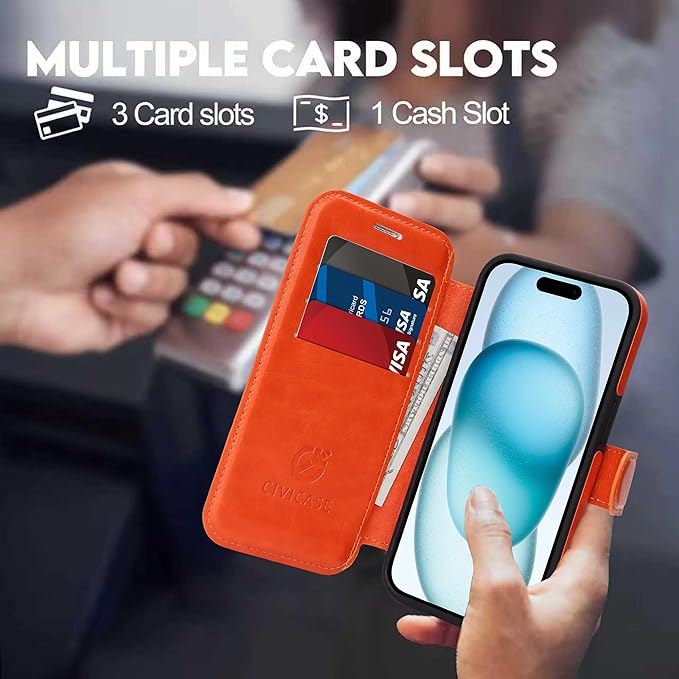 CIVICASE for iPhone 14 Pro Wallet Case with Stand,PU Leather Flip Credit Card Holder Slots (RFID Blocking),Compatible with Magsafe Magnetic Holder Phone Cover Women Men,Orange