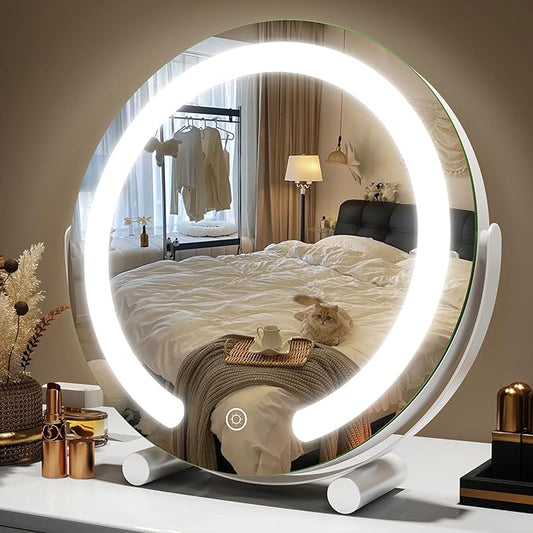 ROLOVE Vanity Mirror with Lights, 12 Inch Light Up Makeup Mirror, LED Makeup Mirror with Lights for Bedroom Tabletop, Smart Touch Control 3 Colors Dimmable, 360° Rotation, White