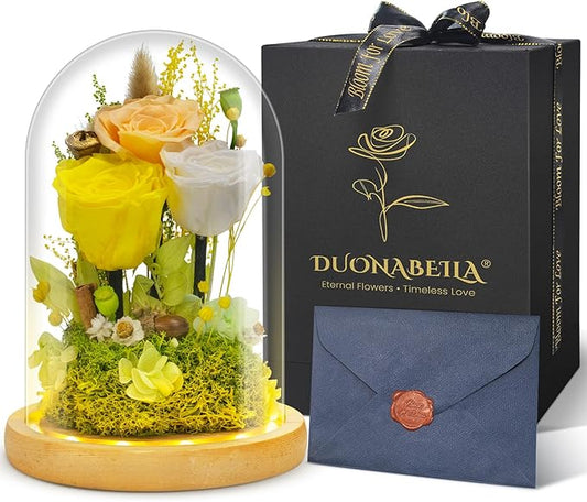 Preserved Flowers Gifts for Women Eternal Rose In Glass Dome Light Up Flower Real Rose Eternal Flowers for Decoration Long Lasting Forever Preserved Glitter Roses Unique Gift on All Occasions(Yellow)