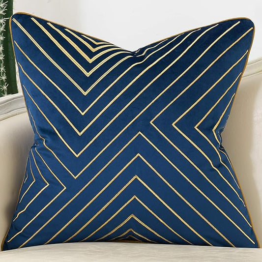 Avigers 18 x 18 Inch Navy Blue Gold Striped Geometric Lines Embroidery Velvet Cushion Case Luxury Modern Throw Pillow Cover Decorative Pillow for Couch Living Room Bedroom Car 45 x 45cm