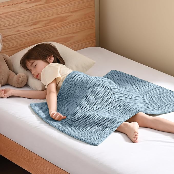 Guohaoi Knitted Weighted Lap Pad (Haze Blue 20"x30" 2lbs) No Beads Cooling Weighted Blanket Kids for Nap, Breathable Chunky Knit Blanket, Small Throw Blanket for Travel Indoor Outdoor