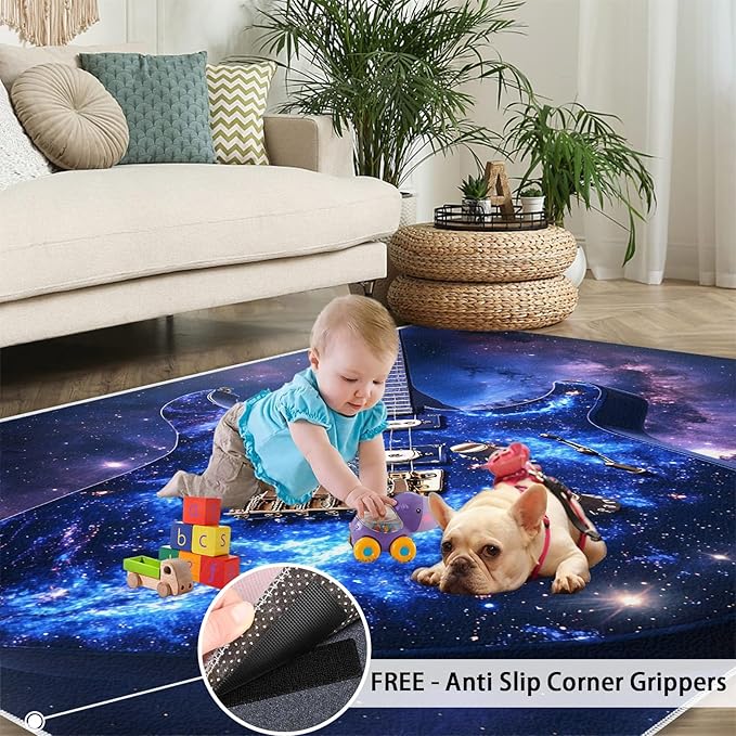Guitar 4x5 Area Rugs for Living Room -Musical Instruments Washable Rug Starry Sky Non-Slip Carpet Indoor Floor Stain Resistant Thin Carpets for Bedroom Dining Room Home Office