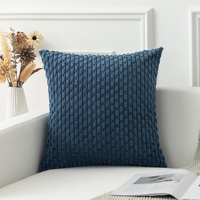 Kevin Textile Blue Throw Pillow Covers Soft Corduroy Decorative Set of 2 Boho Striped Pillow Covers Pillowcases Farmhouse Home Decor for Couch Bed Sofa Living Room 26x26 Inch