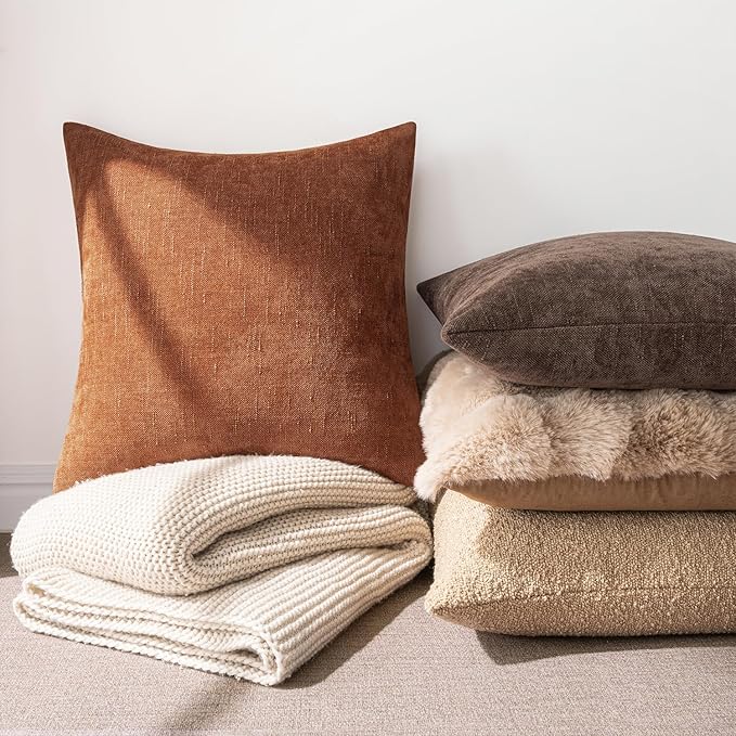 MIULEE Pack of 2 Decorative Throw Pillow Covers Soft Chenille Throw Pillows Solid Textured Cushion Covers for Couch Sofa Bedroom Living Room 20x20 Inch, Dark Rust