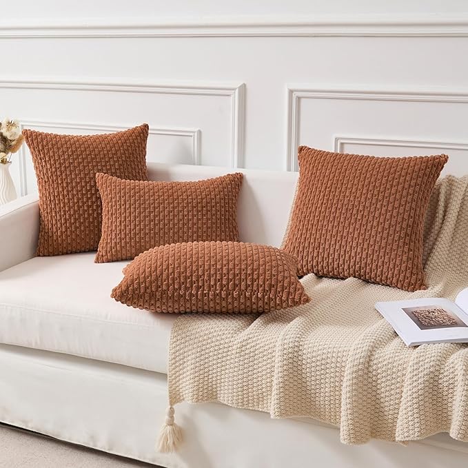 Kevin Textile Decorative Pillow Covers Set of 2 Striped Plush Corduroy Pillows Pillowcases Boho Home Decor Cushion Covers for Couch Sofa Bed Living Room 26x26 Inch, Burnt Orange