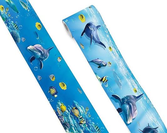 FLFK Peel and Stick Wallpaper Border Wall Decals for Kids Room - Under The Sea Fish Stickers Murals, 4" x 240" (Blue)