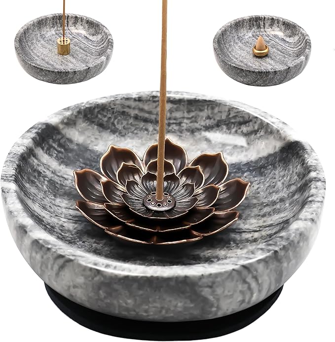 Natural Marble Incense Burner, Stick and Reflux Incense Holder, Handmade Stick Incense Burner, Ideal for Incense Smoking, Incense Burning and Decoration (Extra Large 5.91inGrey)