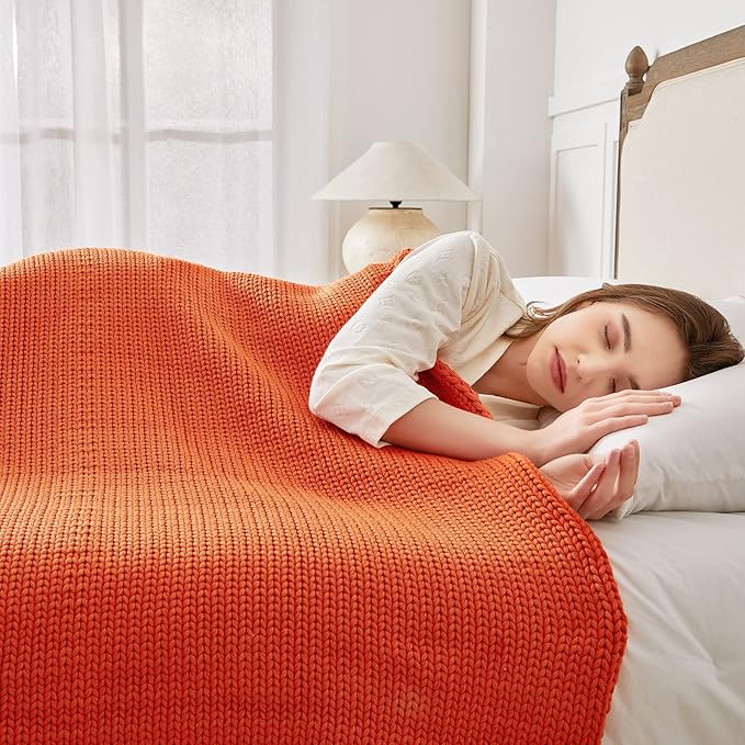 Guohaoi Knitted Weighted Blanket for Adults (Orange 60"x80" 20lbs) No Beads Cooling Throw Blanket for Hot Sleepers, Home Decor Breathable Chunky Knit Heavy Blanket Use on Queen/King Size Bed