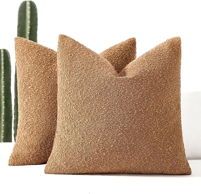 Boucle Decorative Throw Pillow Covers for Couch Set of 2, 20x20 inches, Tobacco