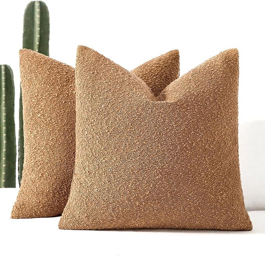 Boucle Decorative Throw Pillow Covers for Couch Set of 2, 16x16 inches, Tobacco