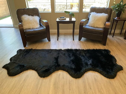 LAMBZY Faux Sheepskin Super Soft Hypoallergenic Silky Shag Rug for Living Room, Kids Room, Sofa (Quarto 4 Pelts Side by Side 3'x8', Black)
