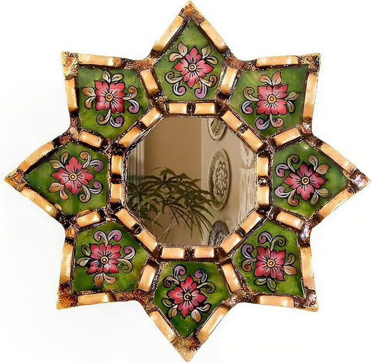 Peruvian starburst mirror Decorative Wall Mirror 11.8 Inch 2D Pattern Mirrors Small Decorative Mirrors for Living Room, Boho & Moroccan Style Mirror Wall Art with Wood Frame, Vintage Home Decor
